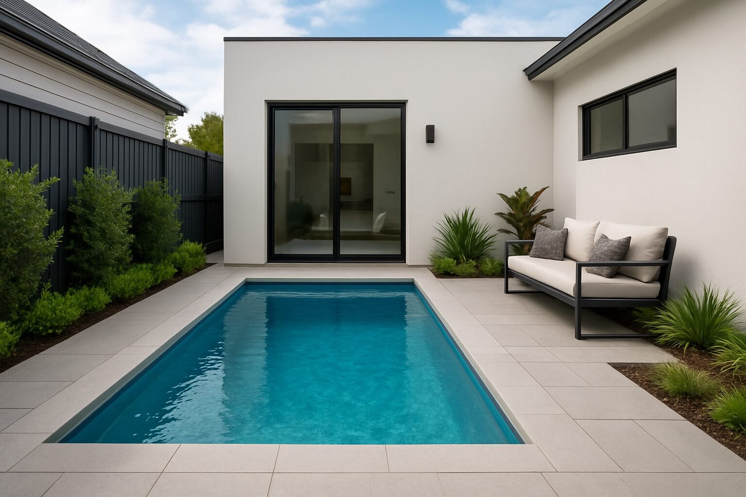 A well-designed small pool surrounded by modern landscaping in a compact yard.